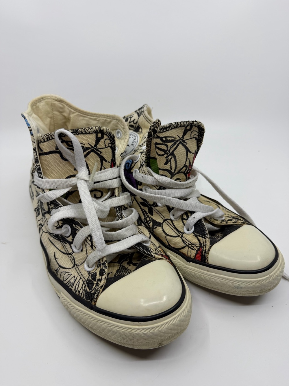 Kids High-Top Canvas Sneakers in Cream with Black Print